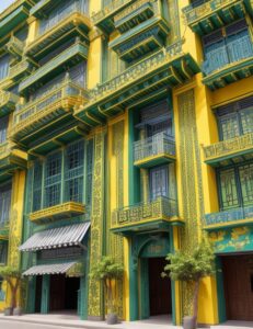 Fachada de um prédio em tons de verde e amarelo