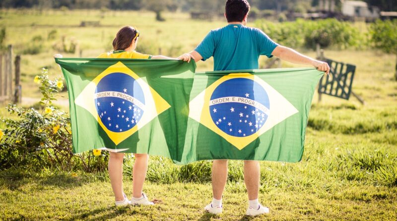 Casal de costas, cada um segurando uma bandeira do Brasil.