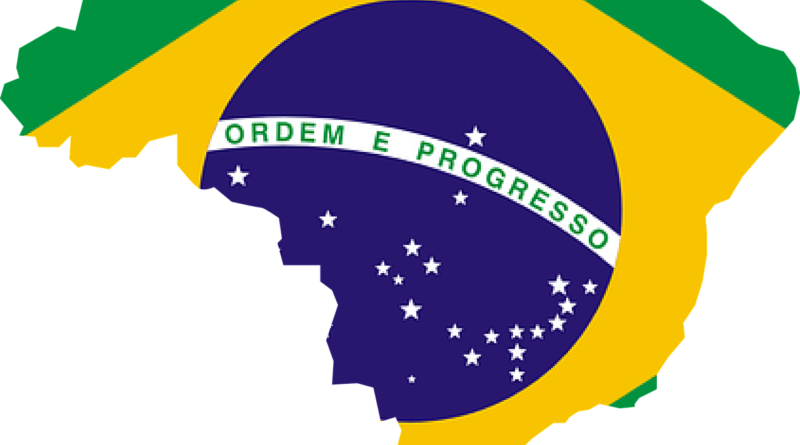 Mapa do Brasil com as cores e os desenhos da bandeira brasileira