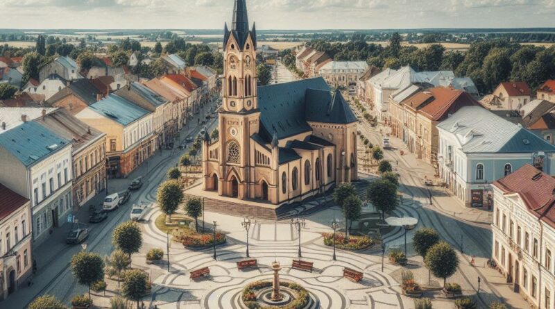 Ilustração mostrando uma praça com uma igreja ao centro e vários imóveis ao redor.