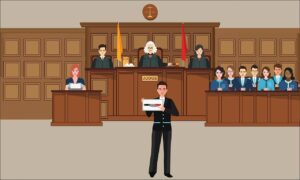 Desenho representando um julgamento sendo realizado em um tribunal