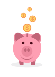 Desenho de um cofre em formato de porquinho rosa com moedas sendo depositadas