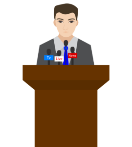 Desenho de um político atrás de um púlpito onde há vários microfones identificando veículos de comunicação.